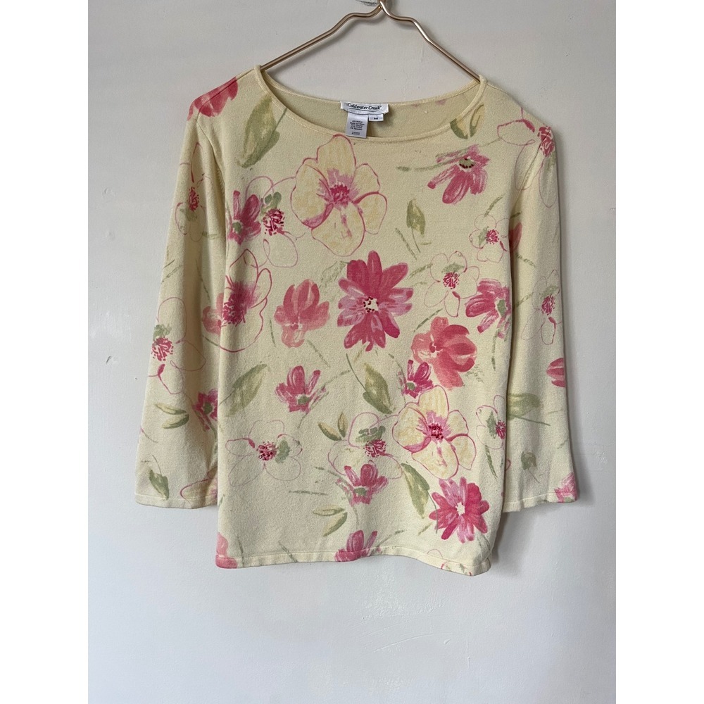 Coldwater Creek Floral Knit Sweater Top Yellow Pink 3/4 Sleeve Cottagecore M - Picture 1 of 6
